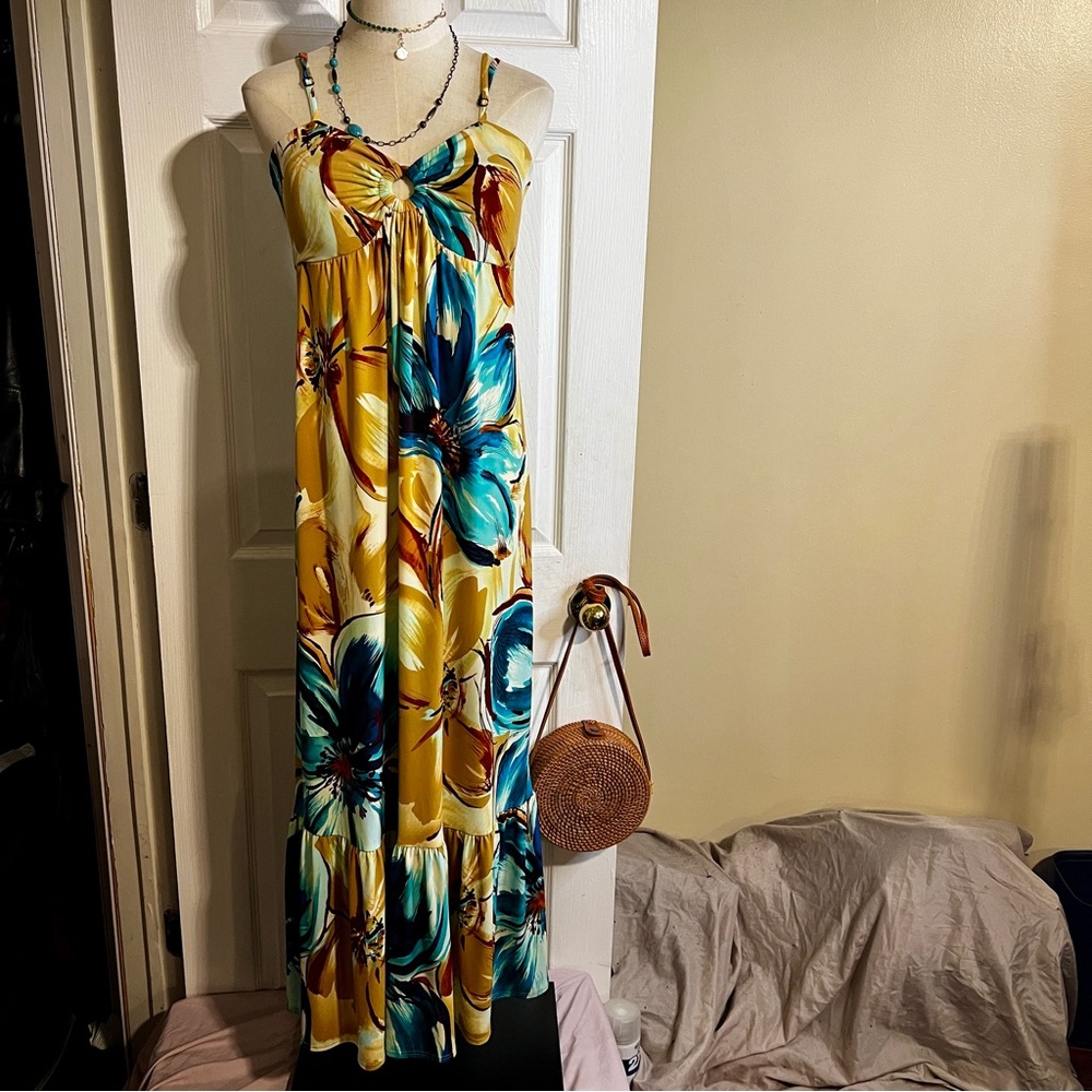 Lily Wms Tropical Floral Pleated Keyhole‎ Beach Resort Boho Summer Maxi Dress M